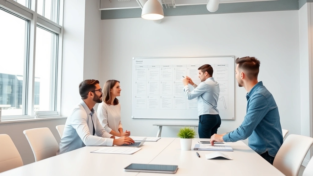 Cross-functional business and technology team in meeting room reviewing mobile app interface designs and project roadmap on whiteboard, demonstrating strategic planning and collaboration