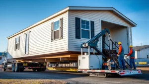 Professional mobile home mover operating specialized hydraulic equipment beneath manufactured home during relocation, showing modern equipment and trained crew performing structural assessment work