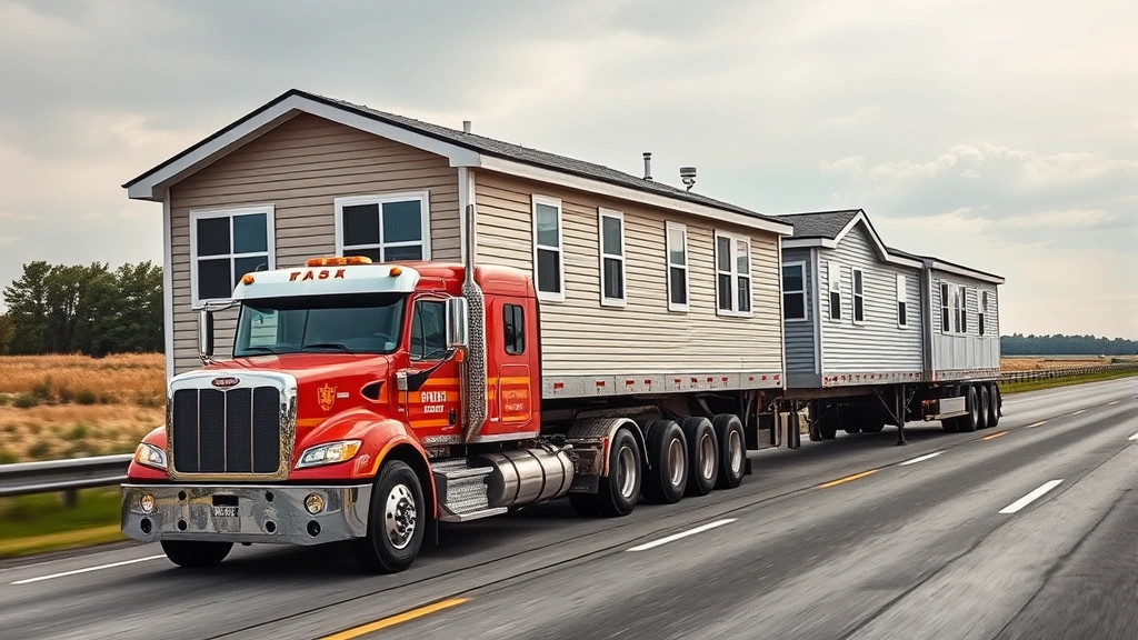 Multi-axle specialized trailer transporting manufactured home on highway with professional escort vehicle, demonstrating modern transportation equipment and road safety compliance