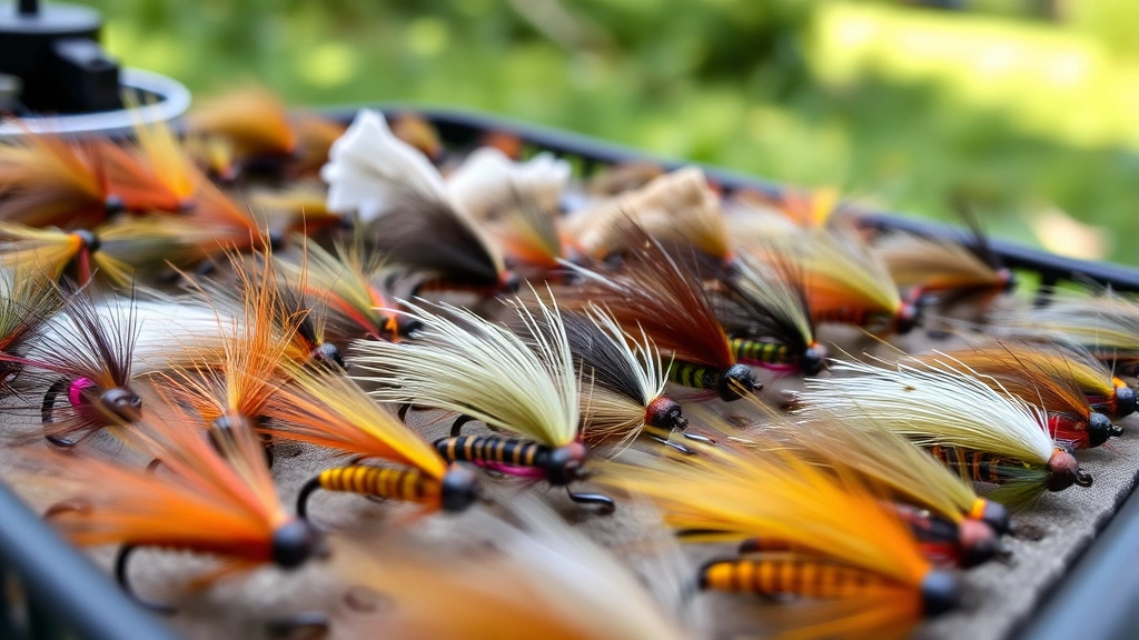Close-up of collection of finished fishing flies arranged in organized fly box showing varied patterns, colors, and sizes with natural outdoor background slightly out of focus