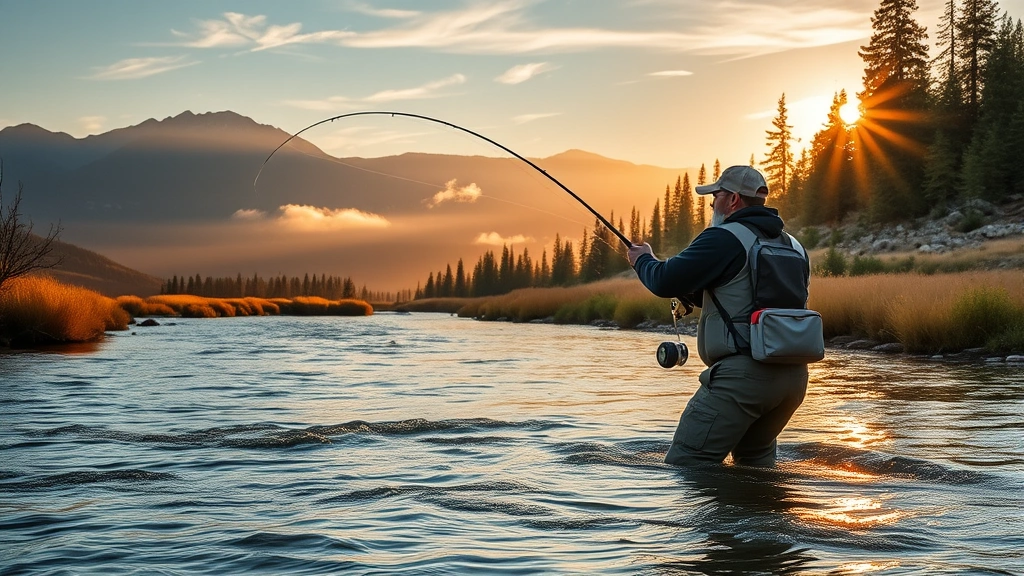 Professional guide fishing pristine Montana river at golden hour with misty mountains in distance, fly rod bent in action during cast, clear water and natural landscape setting