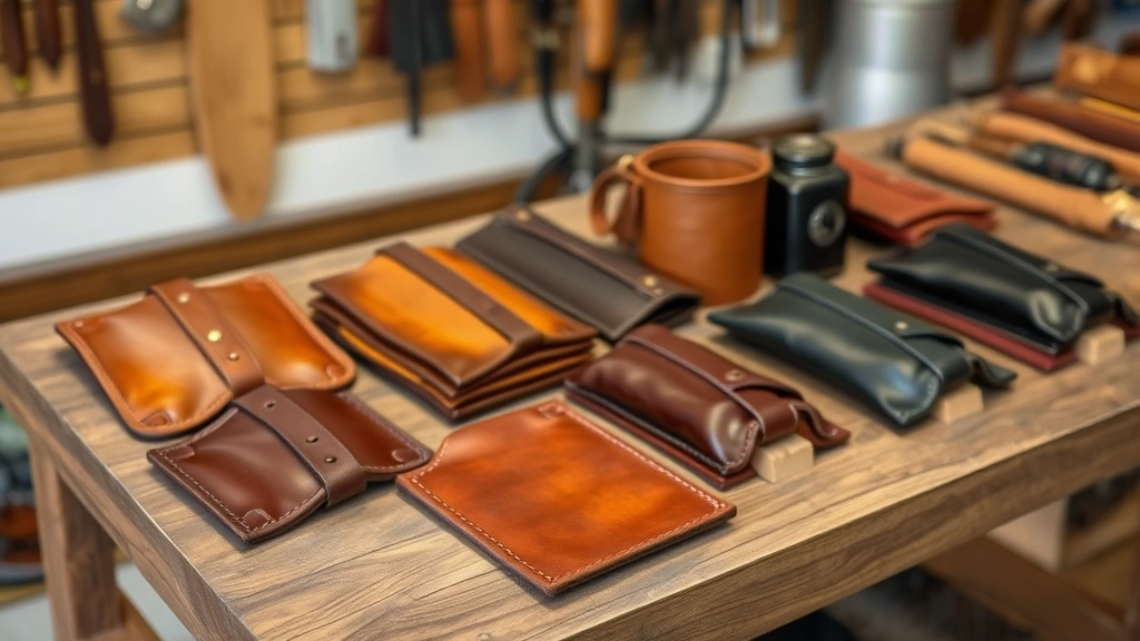 Finished leather products displayed on wooden workbench, various colors and finishes showing patina development, professional product photography, artisanal presentation