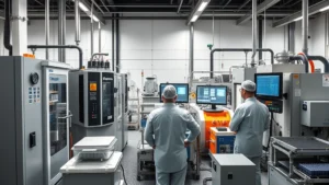 Professional manufacturing facility with advanced thermal management equipment, engineers monitoring high-temperature processes, precision industrial machinery, clean manufacturing environment, modern factory control room with monitoring displays