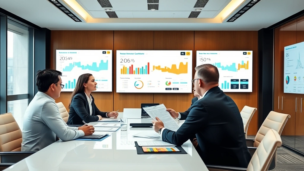 Corporate headquarters boardroom with executive team reviewing strategic documents, professional business meeting with data analytics displays, modern office setting with business intelligence dashboards showing market performance metrics