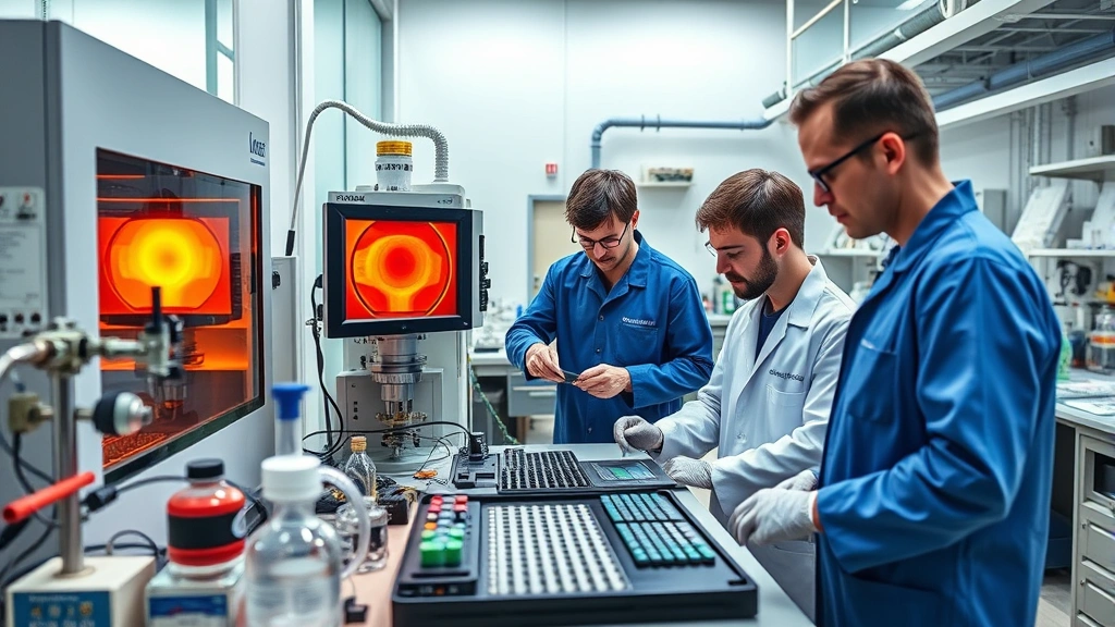 Research and development laboratory with scientists examining advanced materials, thermal testing equipment, materials science facility with specialized testing apparatus, innovation center with engineers developing next-generation composite materials