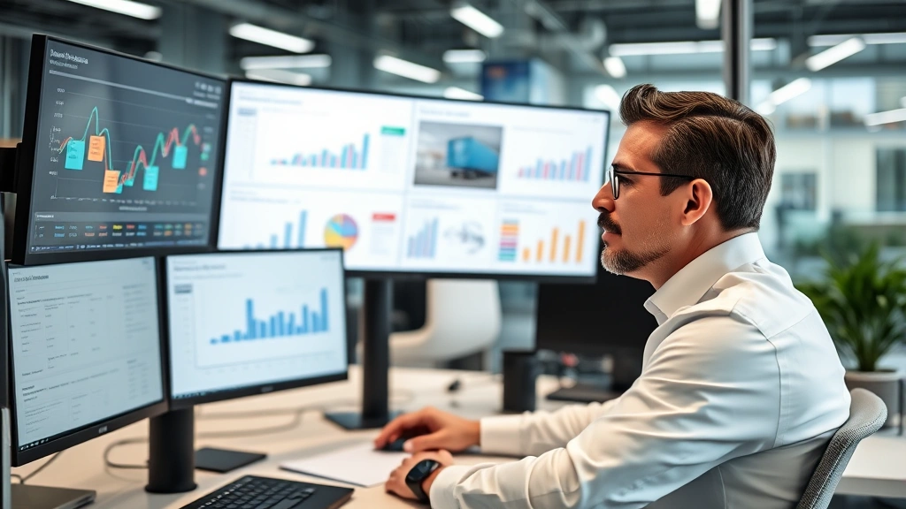 Professional business executive in modern office reviewing supply chain analytics on multiple monitors, confident expression, contemporary workspace with industrial distribution charts visible