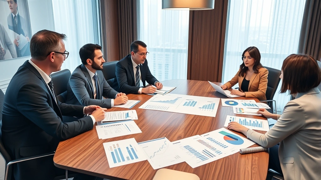 Executive leadership team in boardroom conducting strategic planning session with growth charts and market analysis documents on table, professional business attire