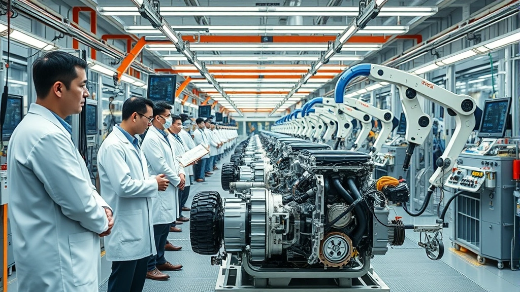 Japanese automotive manufacturing facility with advanced precision robotics assembling engine components, quality control inspectors in white coats monitoring production line, modern factory environment with LED lighting and digital displays