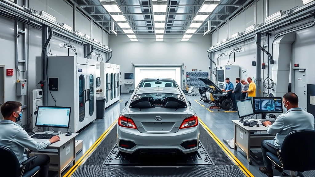 Modern automotive testing facility with climate-controlled chambers, durability testing rigs with vehicles under mechanical stress, technicians monitoring data on computers, professional laboratory environment