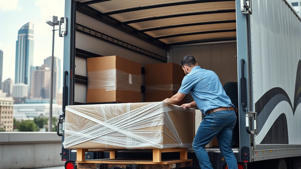 Professional moving crew carefully loading wrapped furniture into modern truck, Austin downtown skyline in background, daytime, natural lighting, showing teamwork and expertise
