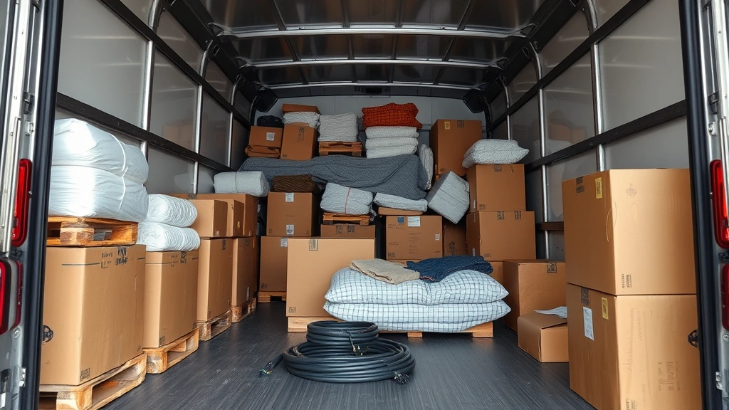Organized moving truck interior with neatly stacked boxes and furniture, professional padding and securing equipment visible, spacious and clean logistics setup