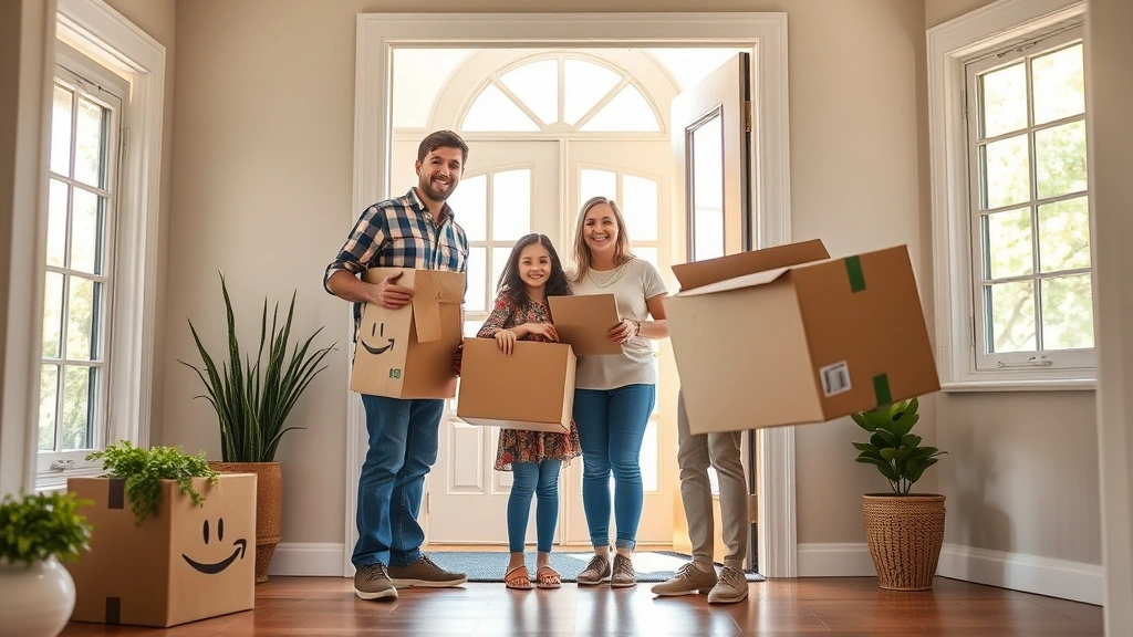 Customer satisfaction moment: family standing in new home doorway with movers completing final delivery, warm welcoming atmosphere, natural sunlight through windows, professional and trustworthy environment