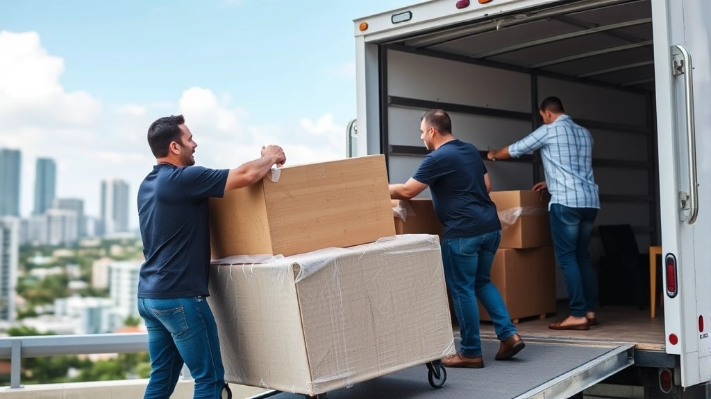 Professional moving crew carefully loading furniture into white moving truck, Miami skyline visible in background, daytime, clear weather, diverse team demonstrating proper lifting technique