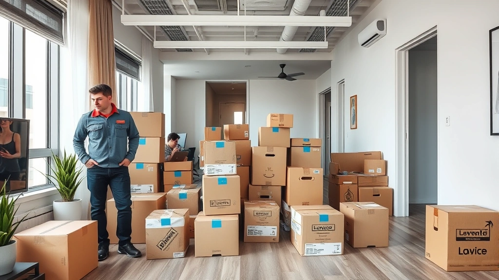 Modern office space with organized boxes and professional packing materials, moving company logo visible on uniforms, modern apartment interior with floor protection, clean and organized relocation setup