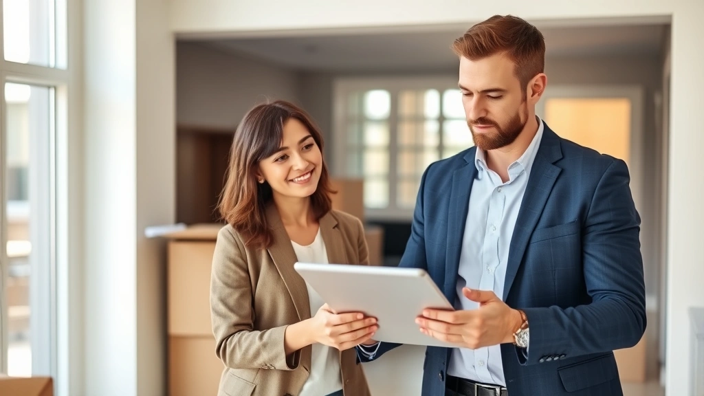 Moving company manager reviewing digital tablet with customer in new residential space, checking inventory list, both wearing professional attire, bright natural lighting, modern condo or apartment interior