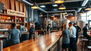 Craft brewery interior with wooden bar counter, warm lighting, customers in casual conversation, brewery equipment visible in background, professional photography, corporate environment