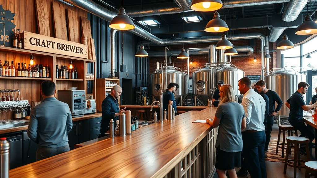 Craft brewery interior with wooden bar counter, warm lighting, customers in casual conversation, brewery equipment visible in background, professional photography, corporate environment
