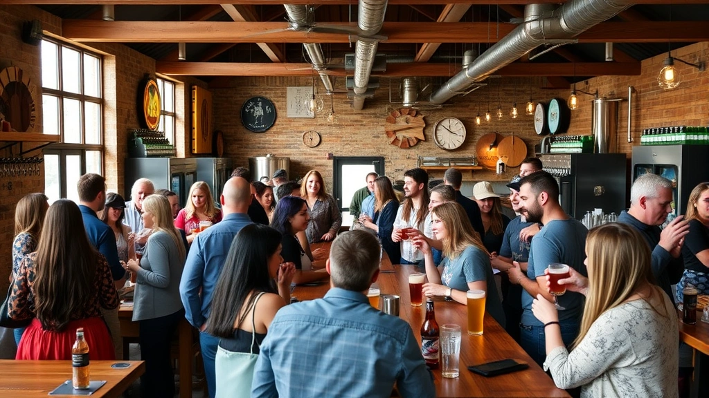 Local brewery taproom filled with community members socializing, diverse group enjoying beverages together, modern rustic design, natural lighting through windows, authentic gathering space atmosphere