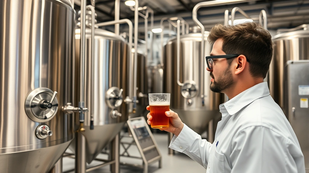 Brewery production facility with stainless steel fermentation tanks, professional brewing equipment, quality control inspector examining product, clean industrial workspace, modern manufacturing environment