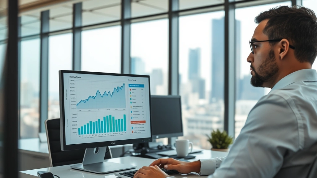 Professional business analyst reviewing financial charts and income statements on computer in modern office environment, serious analytical expression, corporate setting with glass windows showing city skyline