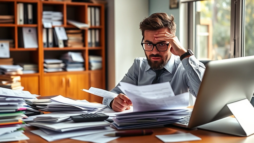 Frustrated entrepreneur at desk with scattered papers and calculator, overwhelmed by expenses and budget concerns, natural lighting from office window, realistic portrayal of financial stress