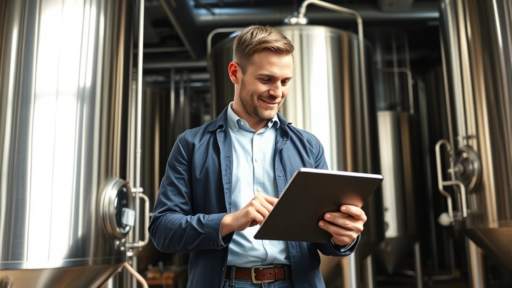 Professional brewery CEO in modern tasting room with stainless steel fermentation tanks, reviewing production metrics on tablet, confident expression, natural lighting