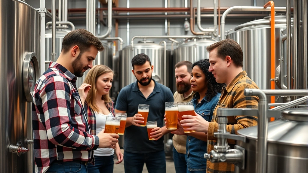 Diverse brewery team collaborating at production floor, inspecting beer quality with specialized equipment, focused expressions, industrial brewery setting