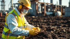 Professional environmental consultant in safety gear examining soil samples at industrial contamination site, natural daylight, detailed equipment visible