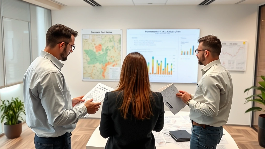 Team of environmental professionals reviewing contamination data and site assessment results in modern office conference room with maps and charts