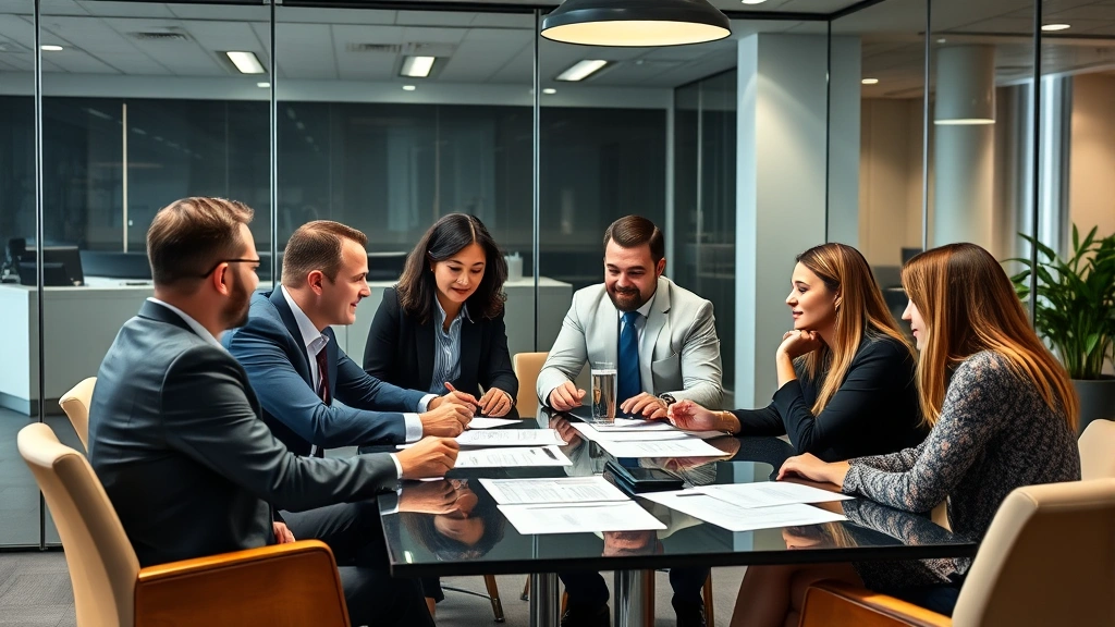 Diverse business team in conference room discussing risk management strategy, reviewing documents on table, collaborative atmosphere, modern office environment with glass walls and professional furnishings