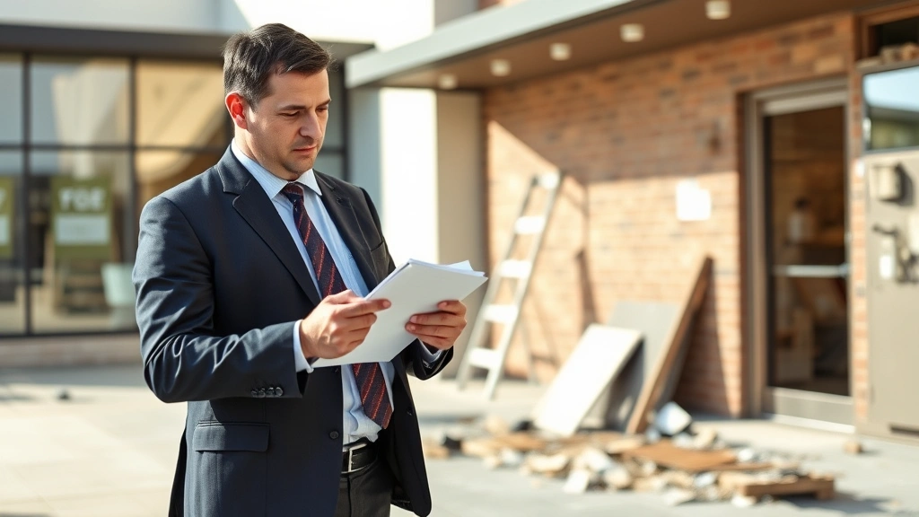 Claims adjuster in professional clothing inspecting commercial property damage, taking notes and photos at a business location, outdoor commercial building, serious professional demeanor, daylight