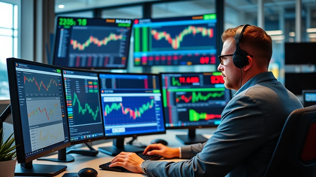 Professional trader in modern office monitoring multiple computer screens displaying stock market data, Nasdaq tickers, and trading platforms with real-time price information and charts