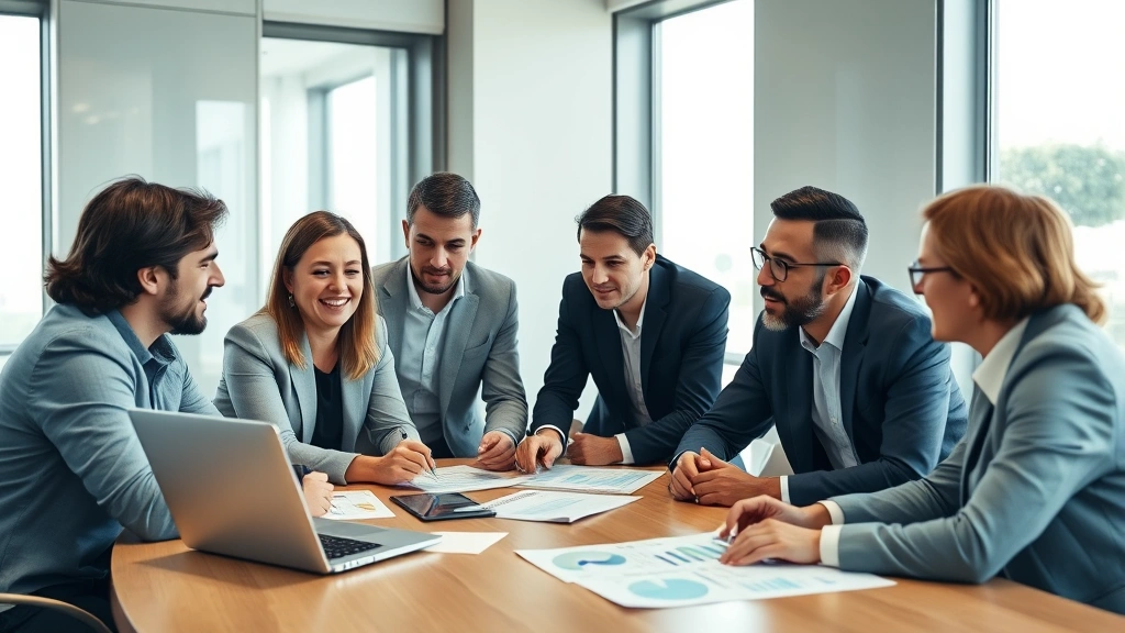 Diverse group of investors in conference room reviewing financial reports and discussing investment strategy with laptop showing stock market data and portfolio analysis charts