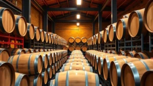 Professional whiskey barrel storage facility with wooden casks stacked in climate-controlled warehouse, warm amber lighting, industrial-modern aesthetic, no text visible