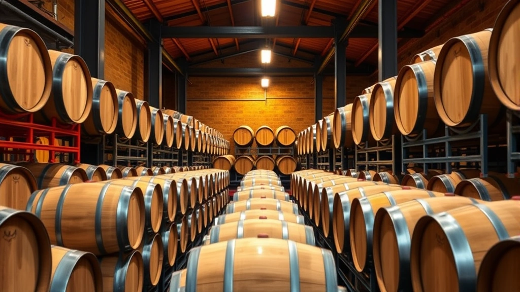 Professional whiskey barrel storage facility with wooden casks stacked in climate-controlled warehouse, warm amber lighting, industrial-modern aesthetic, no text visible