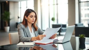 Professional business woman reviewing life insurance documents at desk with laptop and notebook, corporate office setting with modern furniture and natural lighting, focused expression analyzing policy details