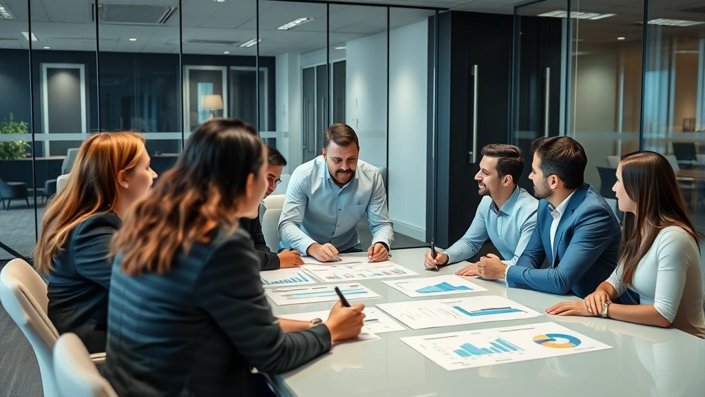 Diverse group of professionals in corporate meeting room discussing insurance strategy with charts and graphs on table, collaborative atmosphere, modern business environment with glass walls and contemporary design