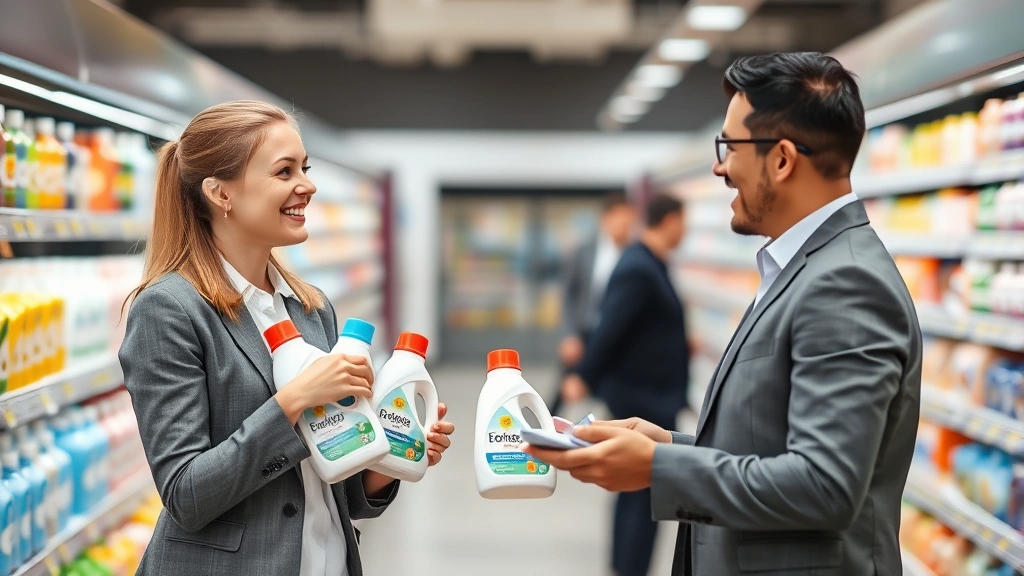 Professional female sales representative in business attire presenting detergent products to retail store manager in supermarket aisle, both smiling and discussing product benefits, modern grocery store background with clean shelving
