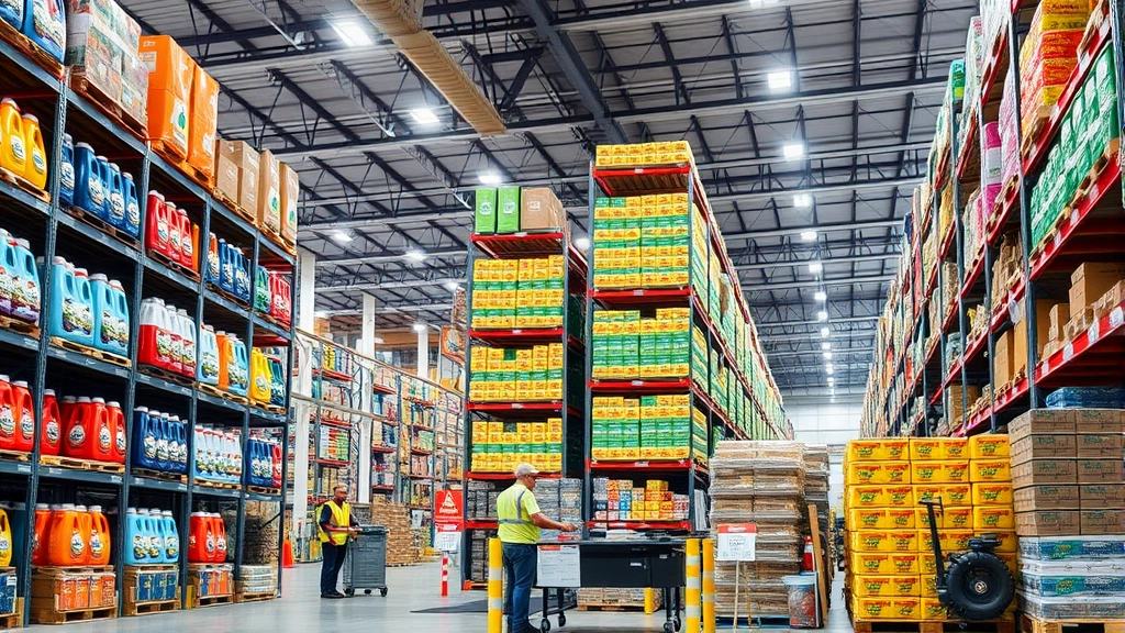 Modern warehouse facility with organized inventory of colorful detergent bottles and packages on industrial shelving, workers in safety gear managing stock, bright fluorescent lighting, efficient logistics operation