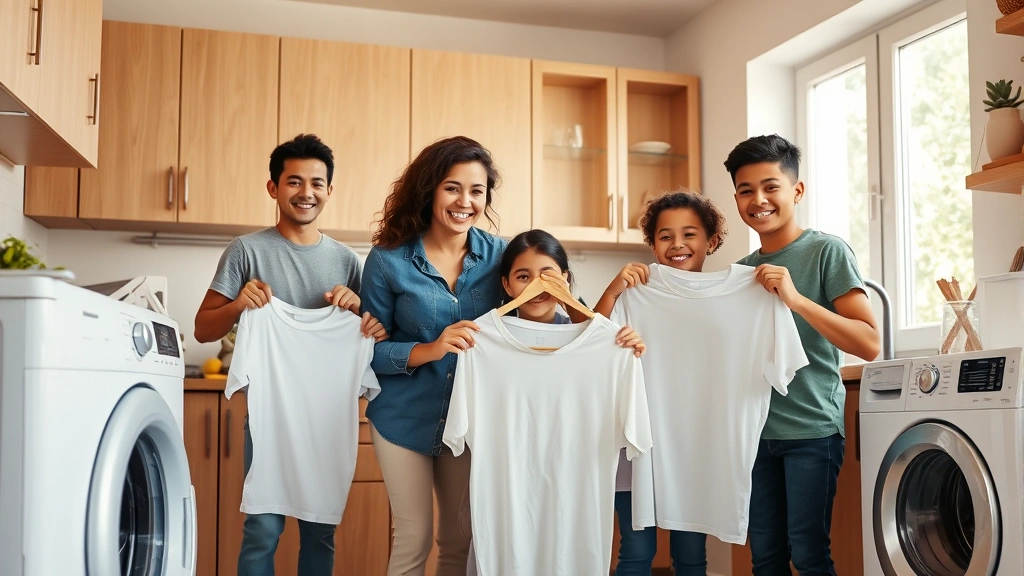 Young diverse family in bright kitchen doing laundry together, mother and children holding clean white shirts and smiling, modern washing machine visible, natural sunlight through window, warm and happy atmosphere