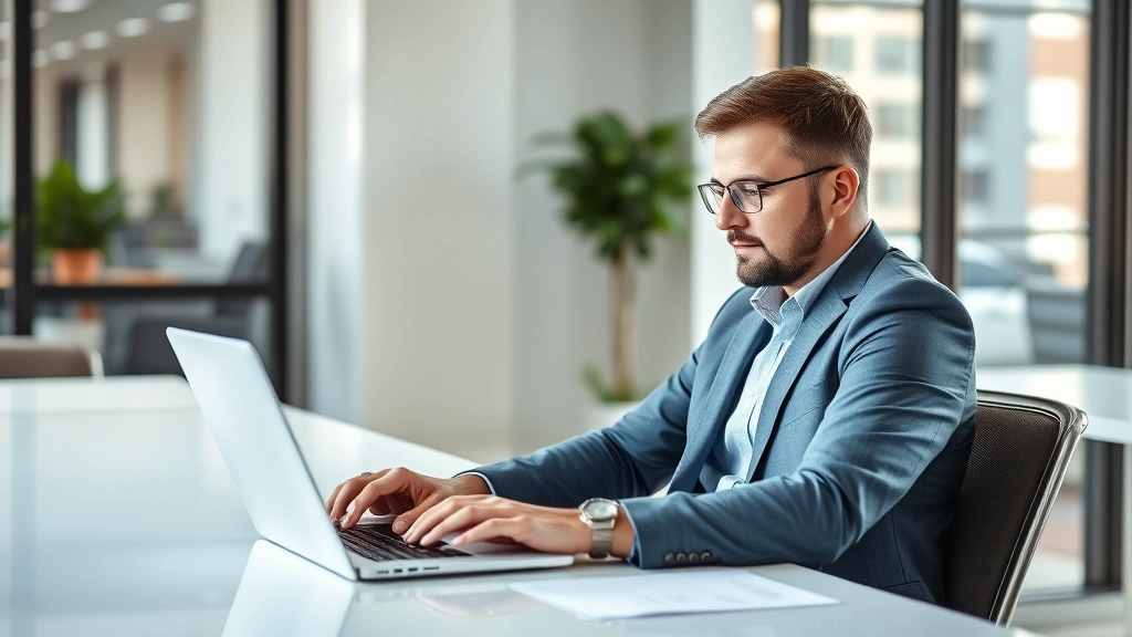 Professional businessman sitting at modern desk using laptop to access online utility account portal, natural office lighting, focused expression, contemporary office environment