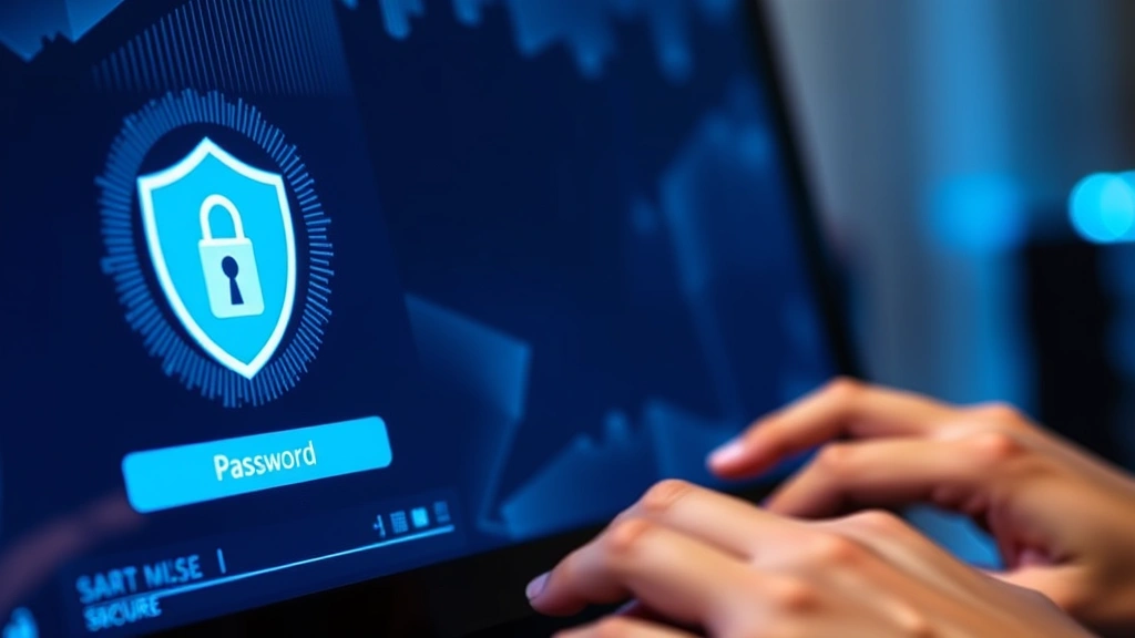 Close-up of computer screen displaying secure login page with padlock icon, hands typing password, cybersecurity theme, modern interface design, soft blue lighting