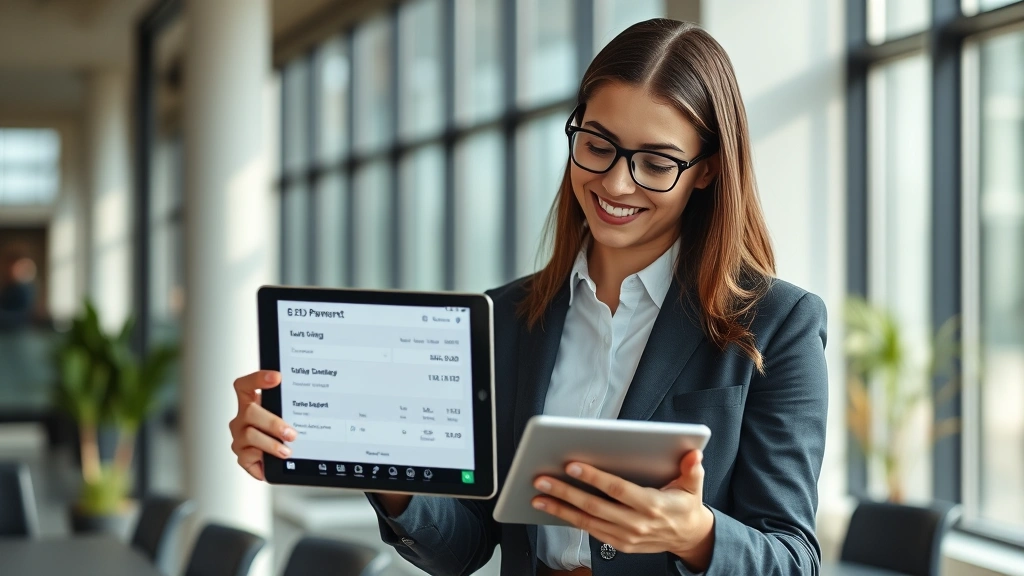 Business professional reviewing digital bill payment confirmation on tablet device, satisfied expression, modern office setting, natural daylight, professional attire