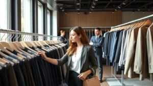 Professional woman shopping for business attire in modern retail clothing store, browsing racks of professional dresses and blazers, natural lighting from storefront windows, confident customer service representative assisting in background, contemporary minimalist store design with organized merchandise displays