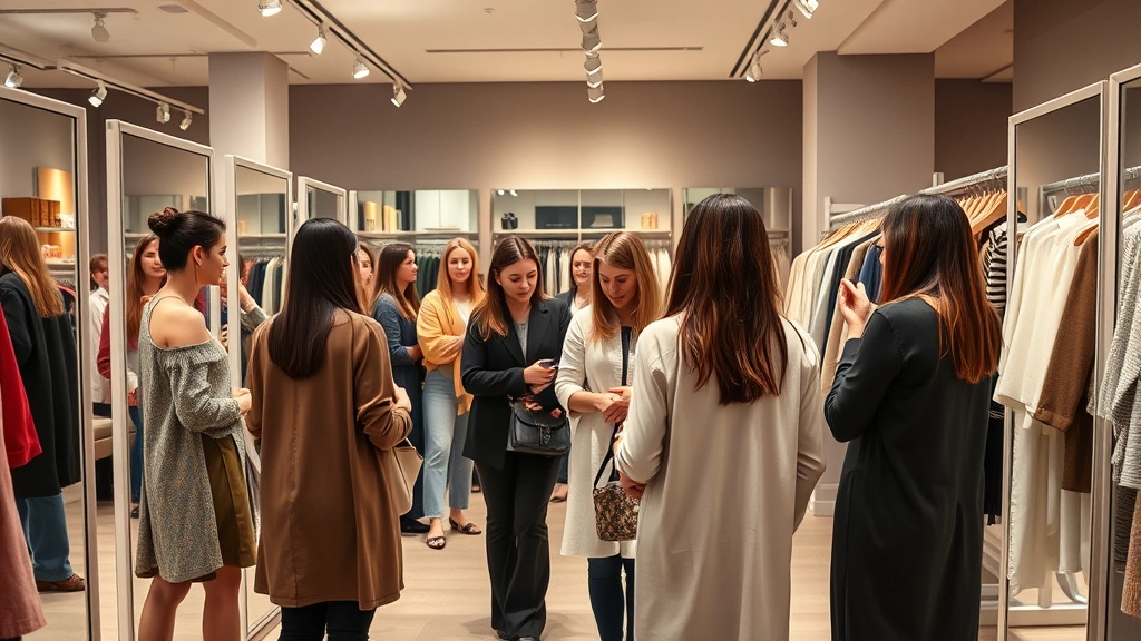 Diverse group of female shoppers trying on clothes in well-lit fitting room area of modern retail boutique, multiple full-length mirrors, professional styling consultation happening, warm welcoming store atmosphere with neutral color palette and professional ambiance