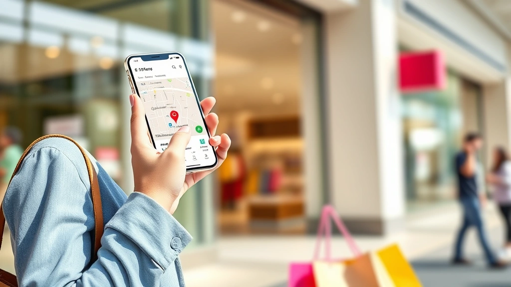 Female customer using mobile phone to check store locator map while standing outside shopping center exterior, bright daylight, casual professional attire, modern smartphone interface visible showing store location details and directions, shopping bags in hand