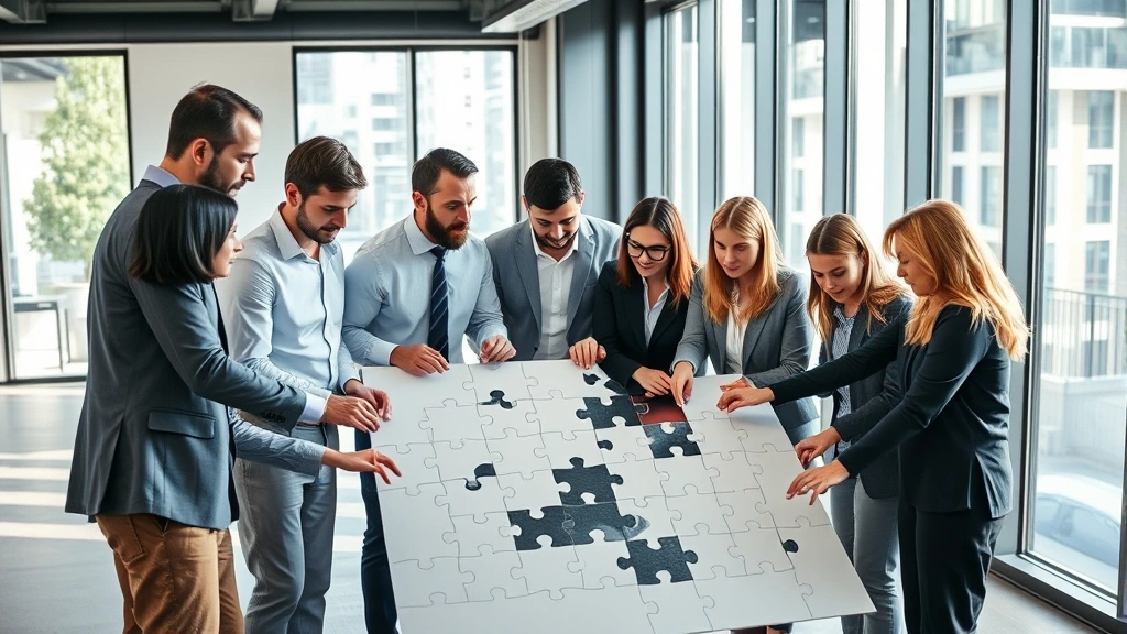 Diverse team of professionals collaborating around a partially completed large-format puzzle in modern office setting, natural sunlight streaming through windows, professional attire, engaged body language