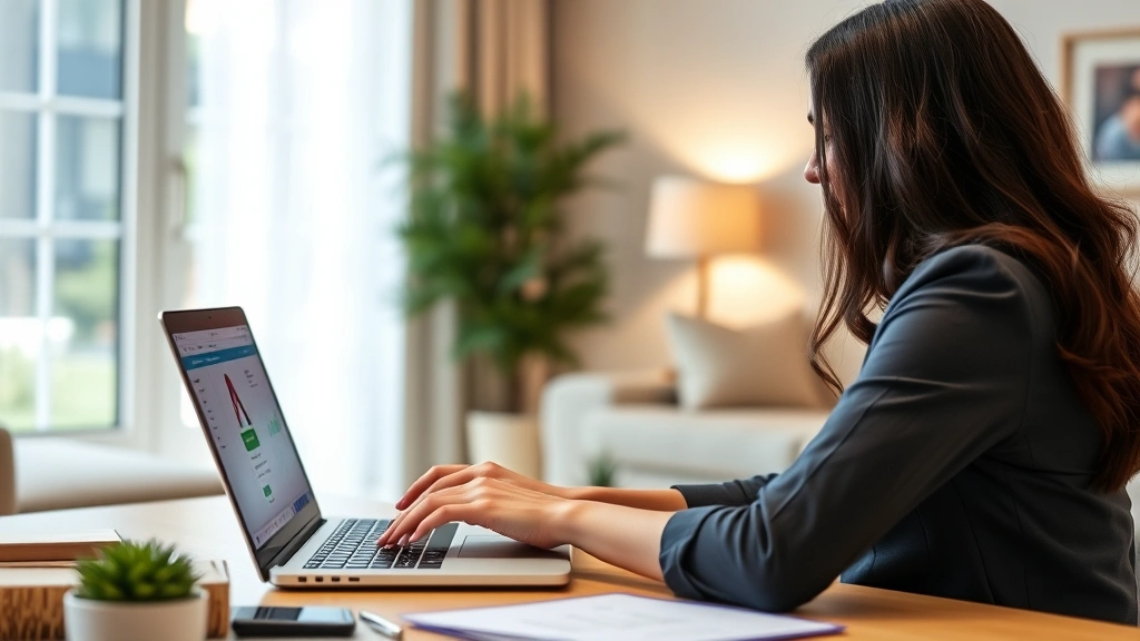 Professional woman paying utility bill on laptop at home desk, secure online payment interface visible on screen, modern living room background, natural daylight