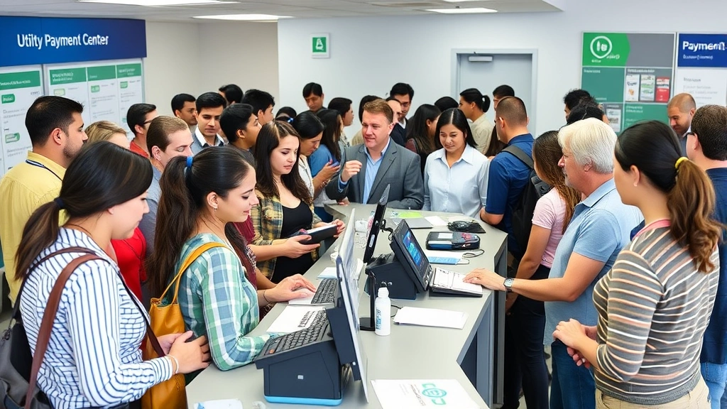 Diverse group of customers at utility payment center service desk, staff member assisting with transaction, organized office environment, friendly professional setting