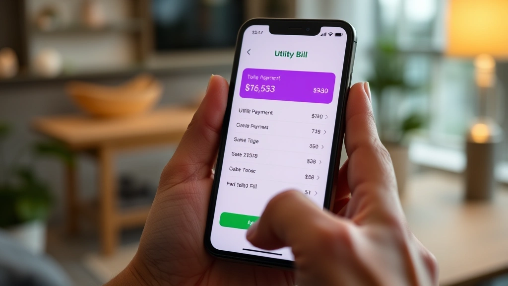 Close-up of smartphone displaying utility bill payment app interface, user entering payment information, modern mobile banking security features, contemporary home setting